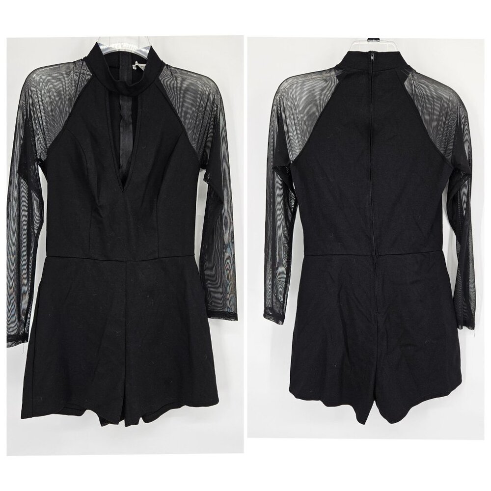 Charlotte Russe Romper Small Black Knit Sheer Mesh Sleeves Keyhole Neckline Club
